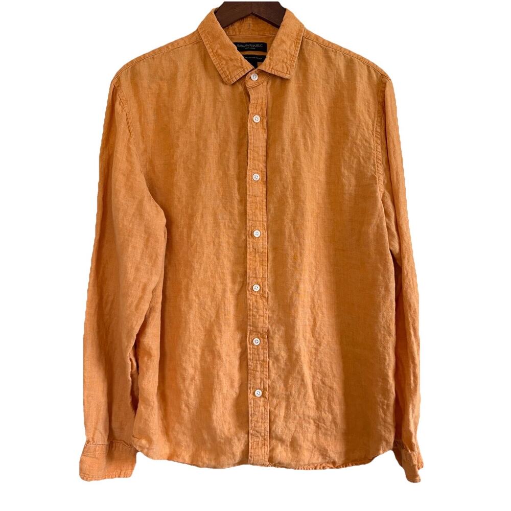Banana Republic Untucked Standard-Fit Large 100% Linen Shirt Long Sleeve Orange